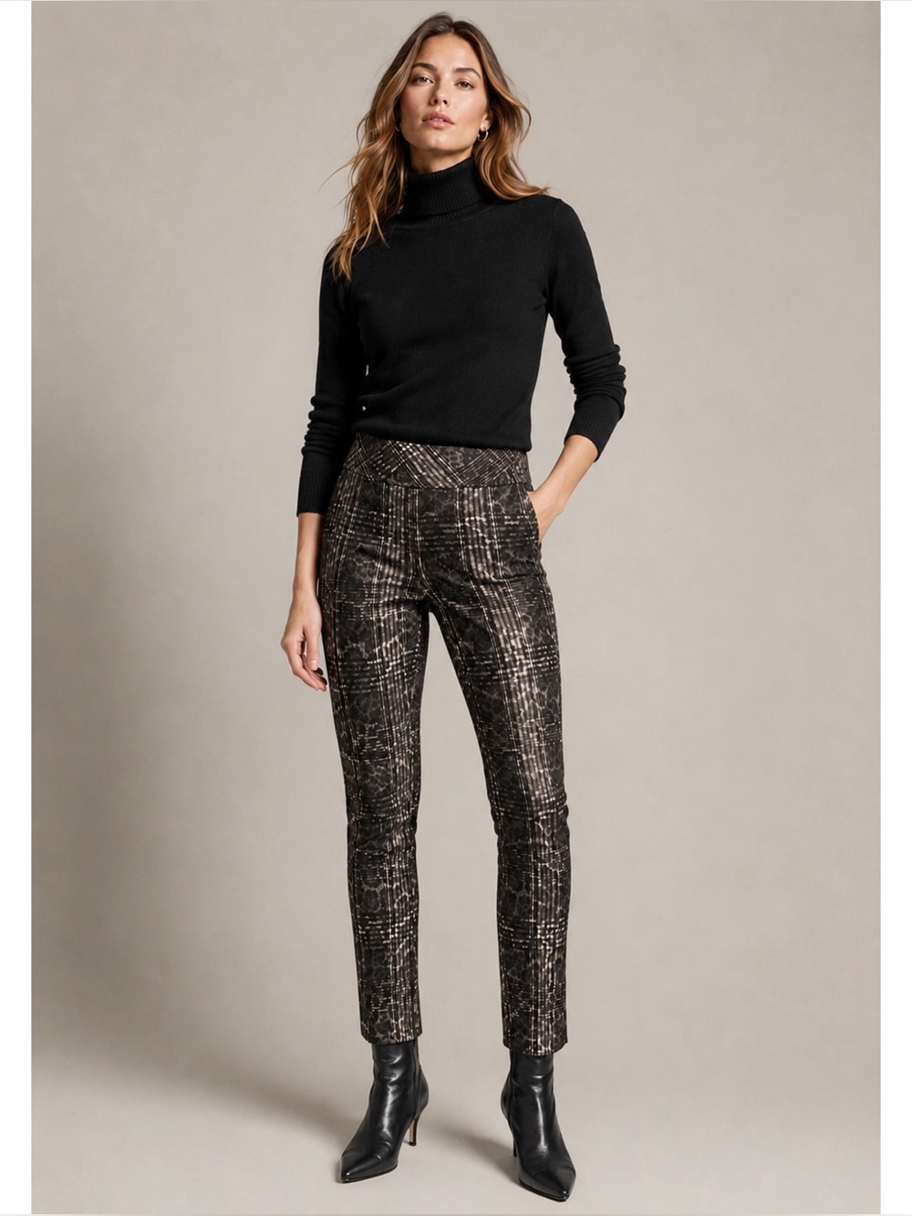 Joseph Ribkoff Woman Black Brown Leopard Animal Cigarette Pants US10 Luxury Boho